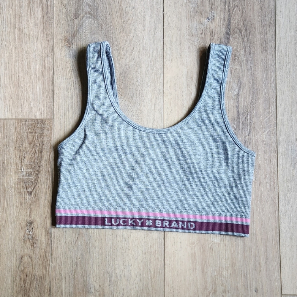 Lucky lounge bra, size large, color gray with pink and maroon stripe